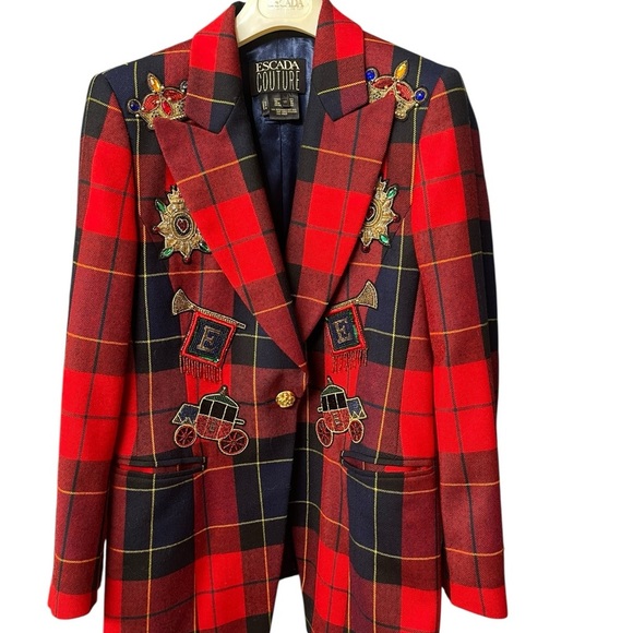 ESCADA COUTURE jacket with embellishment front Wool Plaid Print Blazer size 36(6 - Picture 6 of 16